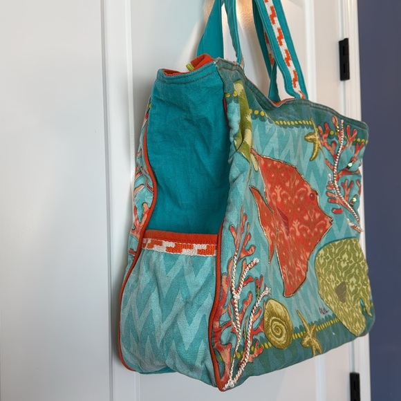 Paul Brant Coral and fish Large Tote Bag orange and green blue beach bag - Picture 3 of 10